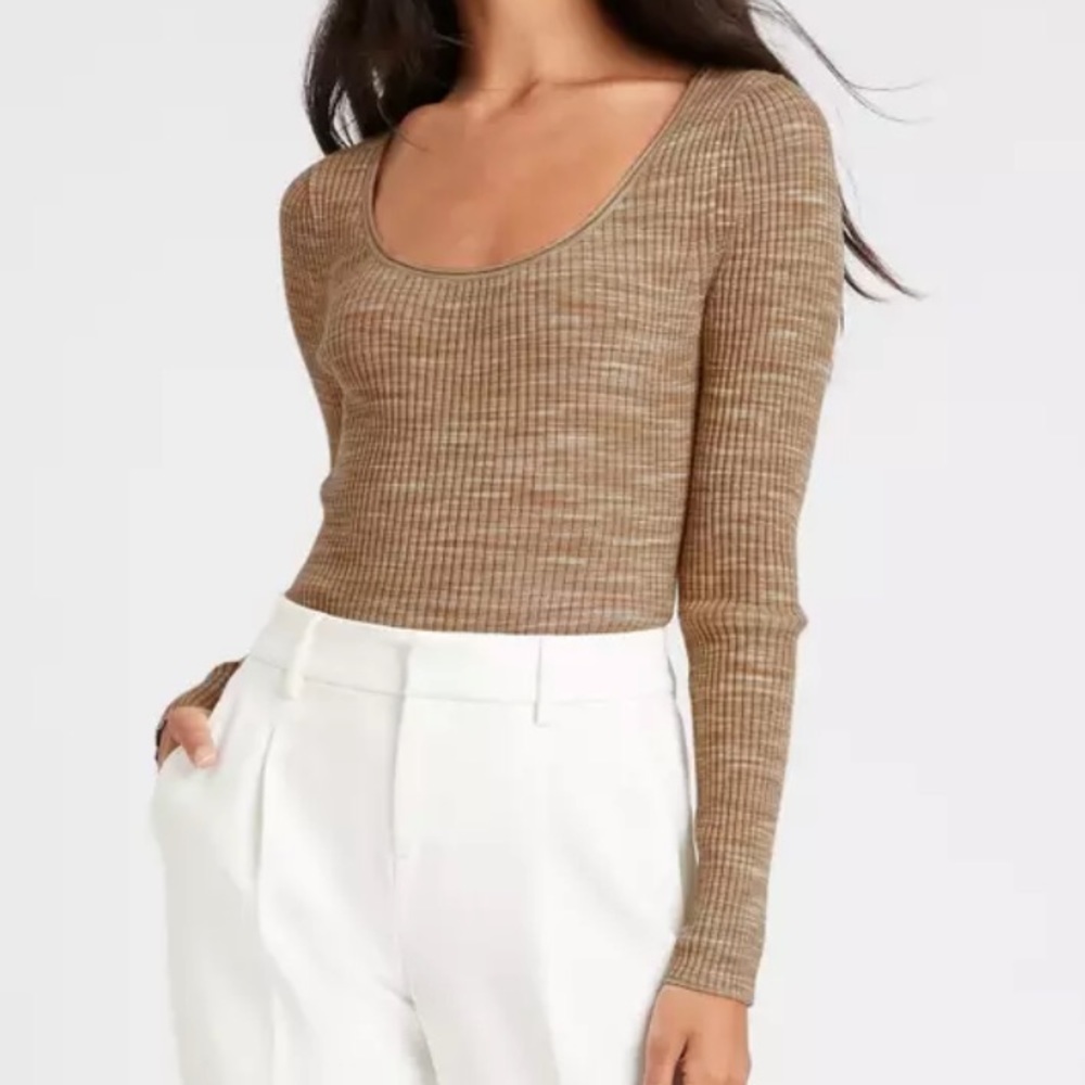 Banana Republic Space Dye Scoop Neck Sweater XL Tan Ribbed Knit Top
